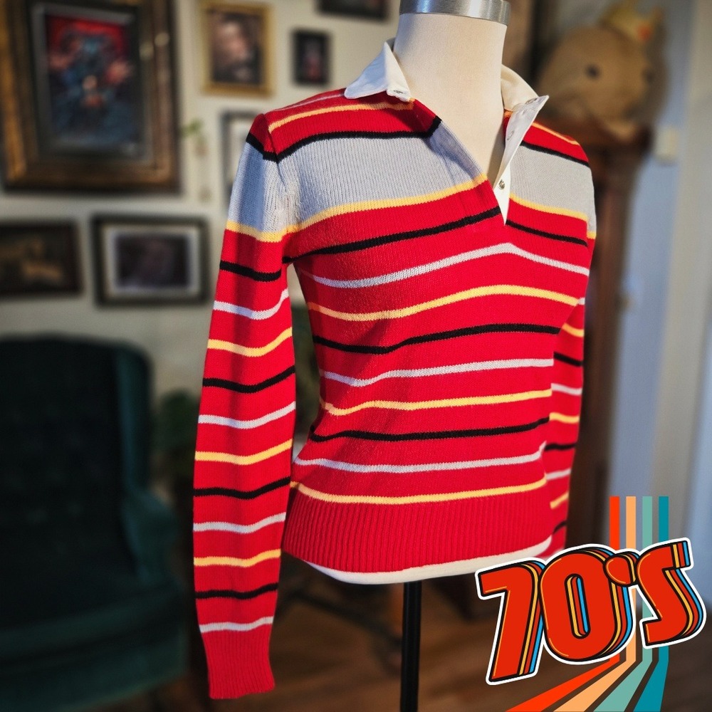 Andrew‎ St John Polo Sweater Vintage 70s Knit Red Striped Fitted Preppy Pullover
